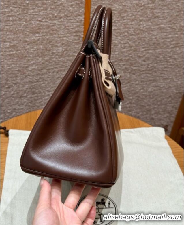 Buy Discount Hermes Birkin 25cm Bag in Original Box Leather H25 Chocolate/Silver 2025 (Half Handmade)