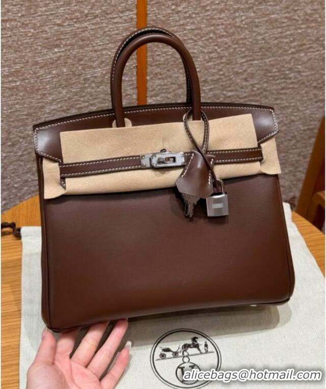 Buy Discount Hermes Birkin 25cm Bag in Original Box Leather H25 Chocolate/Silver 2025 (Half Handmade)