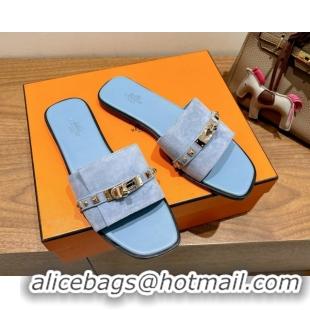 Best Grade Hermes Giulia Flat Slides Sandal in Suede with Kelly Buckle and Studs Blue 0421006