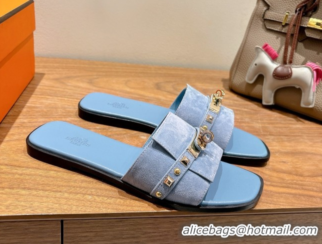 Best Grade Hermes Giulia Flat Slides Sandal in Suede with Kelly Buckle and Studs Blue 0421006