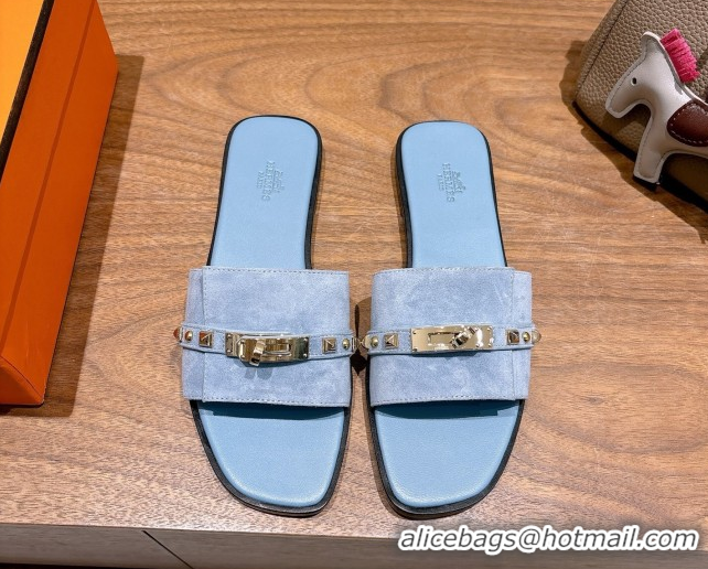Best Grade Hermes Giulia Flat Slides Sandal in Suede with Kelly Buckle and Studs Blue 0421006