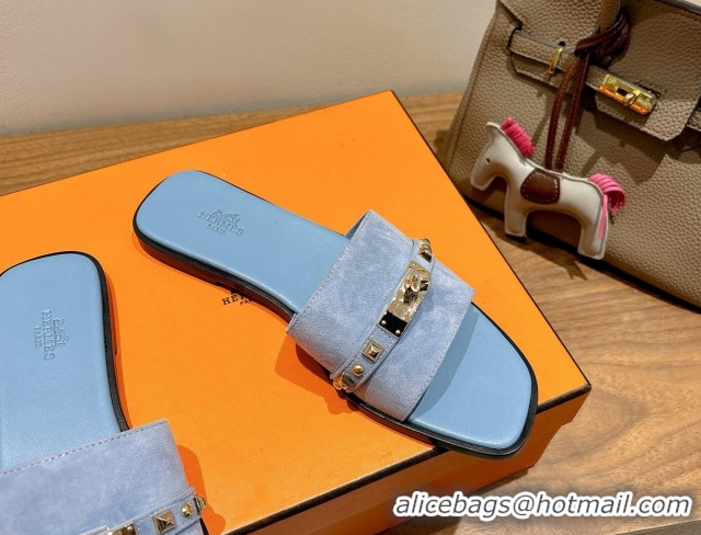 Best Grade Hermes Giulia Flat Slides Sandal in Suede with Kelly Buckle and Studs Blue 0421006