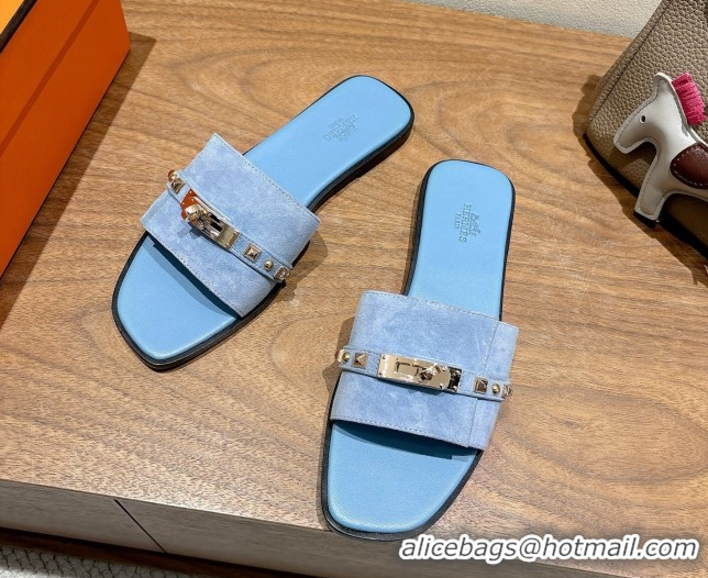 Best Grade Hermes Giulia Flat Slides Sandal in Suede with Kelly Buckle and Studs Blue 0421006