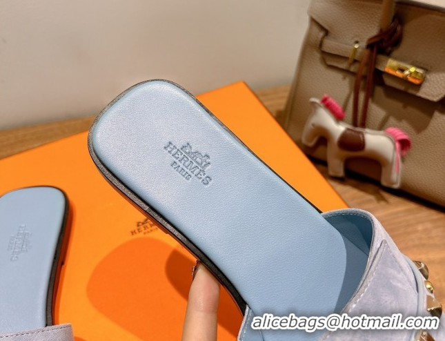 Best Grade Hermes Giulia Flat Slides Sandal in Suede with Kelly Buckle and Studs Blue 0421006
