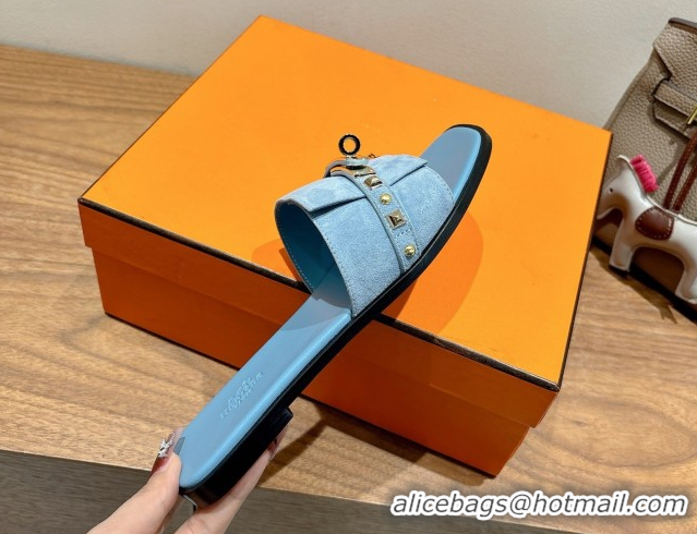 Best Grade Hermes Giulia Flat Slides Sandal in Suede with Kelly Buckle and Studs Blue 0421006