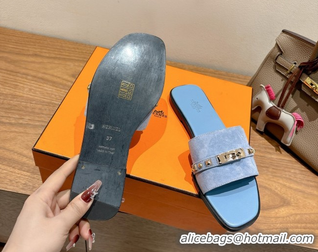 Best Grade Hermes Giulia Flat Slides Sandal in Suede with Kelly Buckle and Studs Blue 0421006