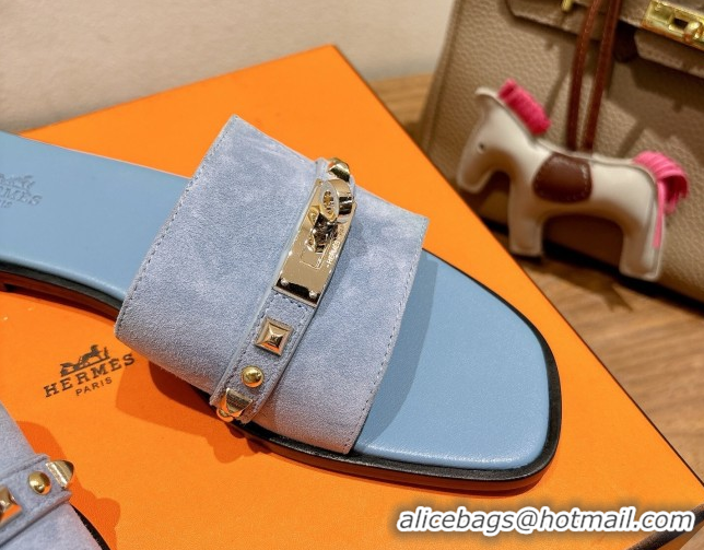 Best Grade Hermes Giulia Flat Slides Sandal in Suede with Kelly Buckle and Studs Blue 0421006
