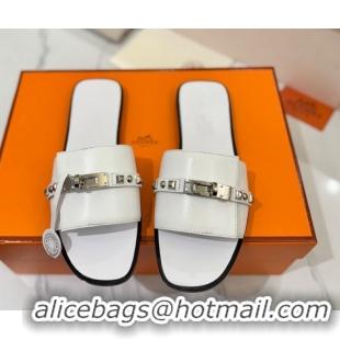 Good Looking Hermes Giulia Flat Slides Sandal in Calfskin Leather with Kelly Buckle and Studs White 0421018