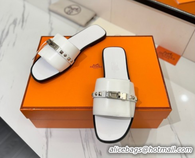 Good Looking Hermes Giulia Flat Slides Sandal in Calfskin Leather with Kelly Buckle and Studs White 0421018