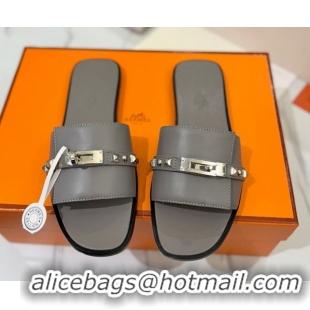 Good Quality Hermes Giulia Flat Slides Sandal in Calfskin Leather with Kelly Buckle and Studs Grey 0421019