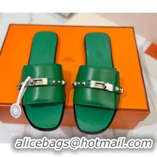 Best Price Hermes Giulia Flat Slides Sandal in Calfskin Leather with Kelly Buckle and Studs Green 0421020