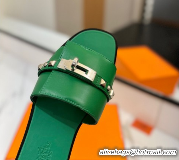 Best Price Hermes Giulia Flat Slides Sandal in Calfskin Leather with Kelly Buckle and Studs Green 0421020