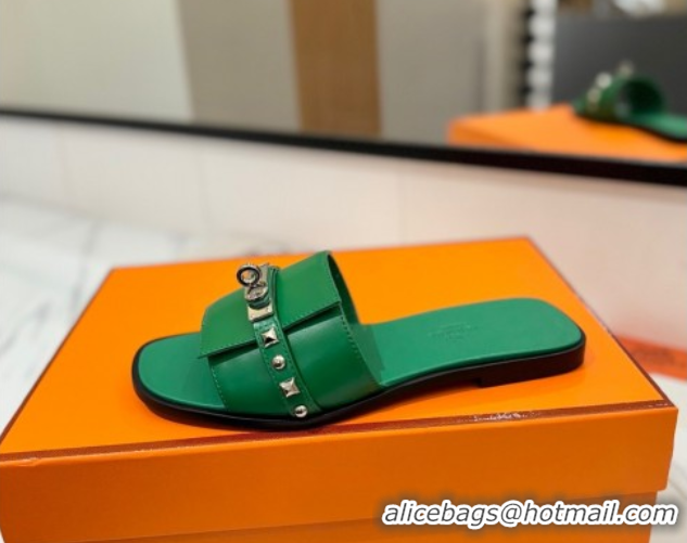 Best Price Hermes Giulia Flat Slides Sandal in Calfskin Leather with Kelly Buckle and Studs Green 0421020