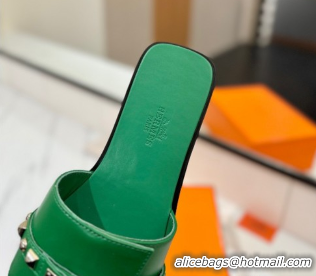 Best Price Hermes Giulia Flat Slides Sandal in Calfskin Leather with Kelly Buckle and Studs Green 0421020