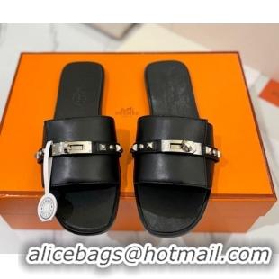 Classic Hot Hermes Giulia Flat Slides Sandal in Calfskin Leather with Kelly Buckle and Studs Black 0421021
