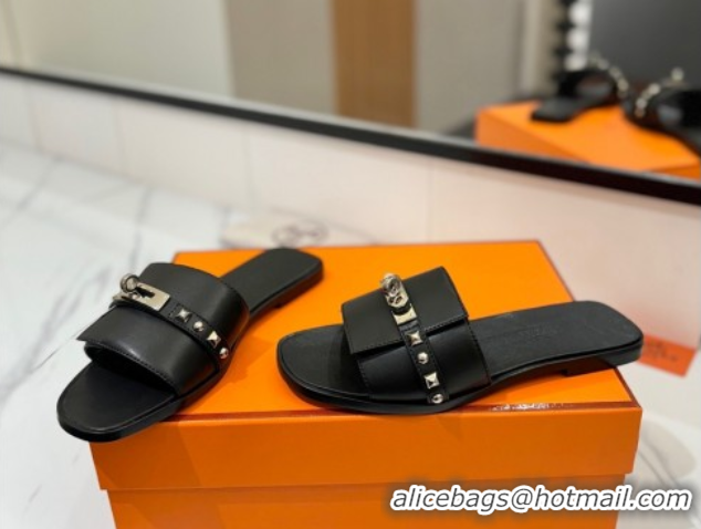 Classic Hot Hermes Giulia Flat Slides Sandal in Calfskin Leather with Kelly Buckle and Studs Black 0421021