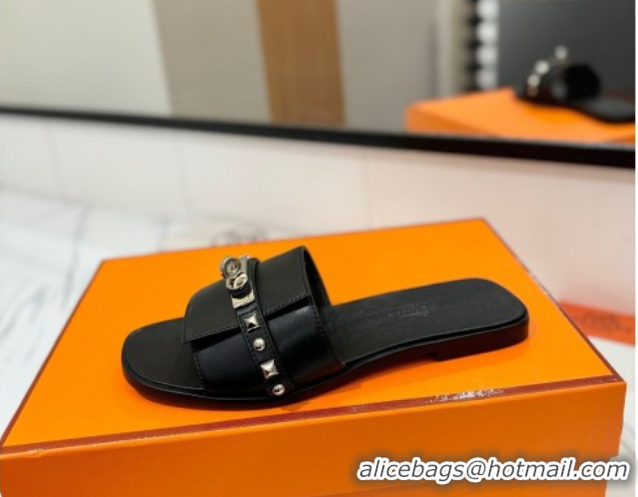 Classic Hot Hermes Giulia Flat Slides Sandal in Calfskin Leather with Kelly Buckle and Studs Black 0421021
