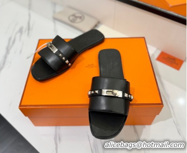 Classic Hot Hermes Giulia Flat Slides Sandal in Calfskin Leather with Kelly Buckle and Studs Black 0421021