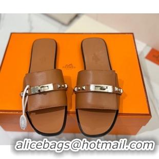 Popular Style Hermes Giulia Flat Slides Sandal in Calfskin Leather with Kelly Buckle and Studs Brown 0421023