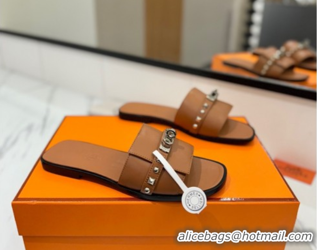 Popular Style Hermes Giulia Flat Slides Sandal in Calfskin Leather with Kelly Buckle and Studs Brown 0421023
