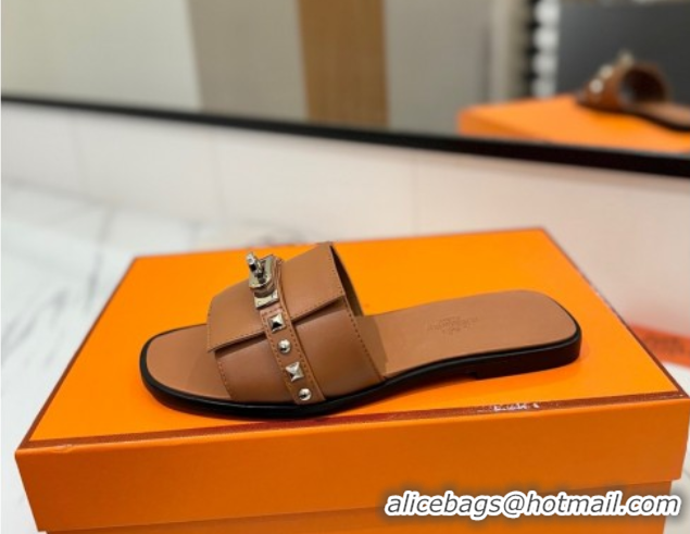 Popular Style Hermes Giulia Flat Slides Sandal in Calfskin Leather with Kelly Buckle and Studs Brown 0421023