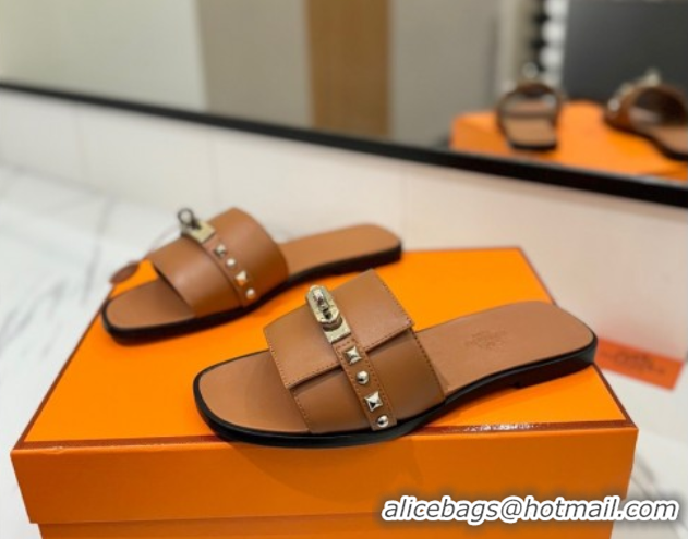 Popular Style Hermes Giulia Flat Slides Sandal in Calfskin Leather with Kelly Buckle and Studs Brown 0421023