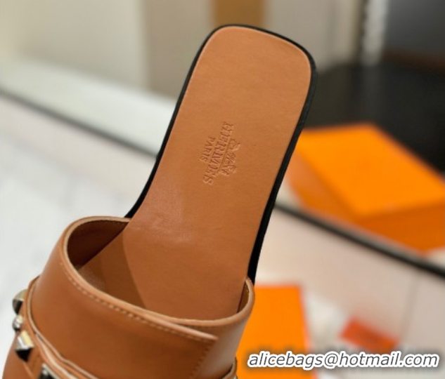 Popular Style Hermes Giulia Flat Slides Sandal in Calfskin Leather with Kelly Buckle and Studs Brown 0421023