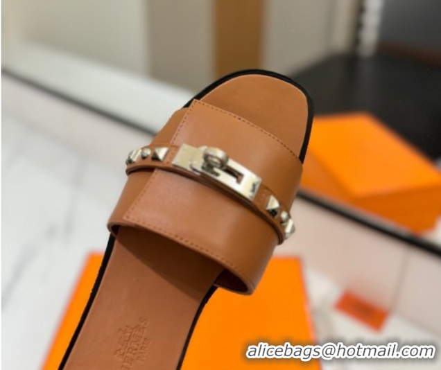 Popular Style Hermes Giulia Flat Slides Sandal in Calfskin Leather with Kelly Buckle and Studs Brown 0421023