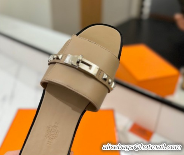 Big Discount Hermes Giulia Flat Slides Sandal in Calfskin Leather with Kelly Buckle and Studs Beige 0421024