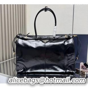 Best Quality Prada Bonnie extra large shiny leather handbag 1BA439 Black 2025
