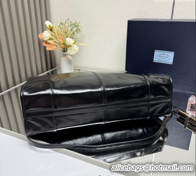 Best Quality Prada Bonnie extra large shiny leather handbag 1BA439 Black 2025