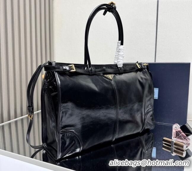 Best Quality Prada Bonnie extra large shiny leather handbag 1BA439 Black 2025
