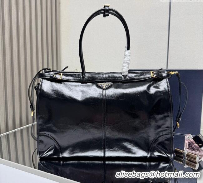 Best Quality Prada Bonnie extra large shiny leather handbag 1BA439 Black 2025