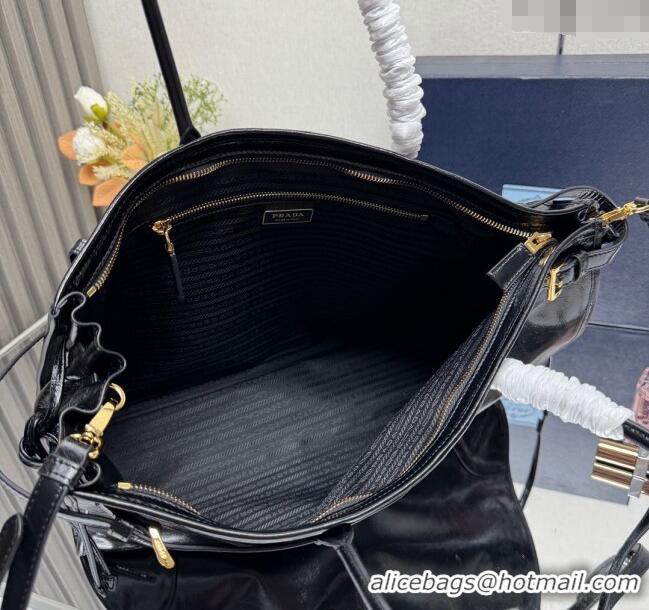 Best Quality Prada Bonnie extra large shiny leather handbag 1BA439 Black 2025