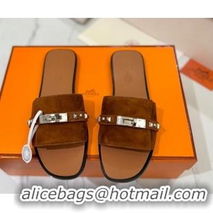 Low Price Hermes Giulia Flat Slides Sandal in Suede with Kelly Buckle and Studs Brown 0421025