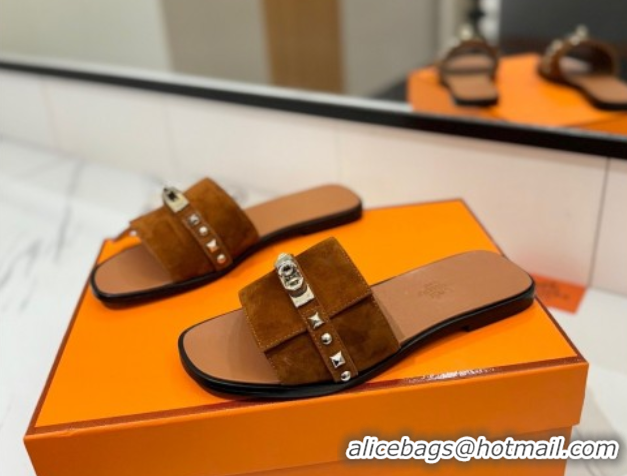 Low Price Hermes Giulia Flat Slides Sandal in Suede with Kelly Buckle and Studs Brown 0421025