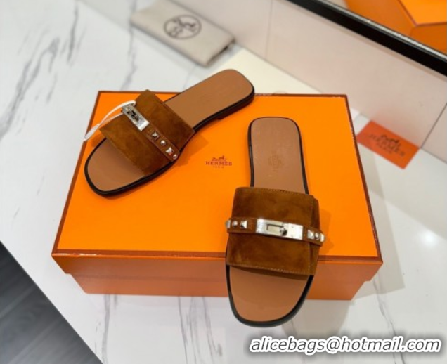 Low Price Hermes Giulia Flat Slides Sandal in Suede with Kelly Buckle and Studs Brown 0421025