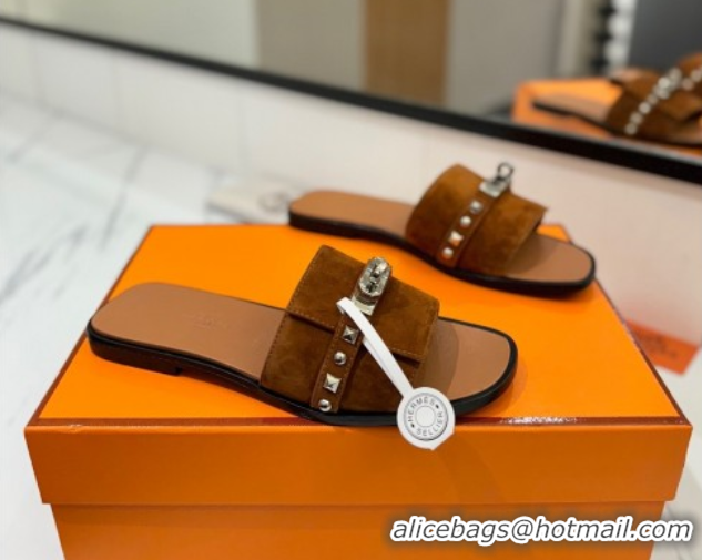 Low Price Hermes Giulia Flat Slides Sandal in Suede with Kelly Buckle and Studs Brown 0421025