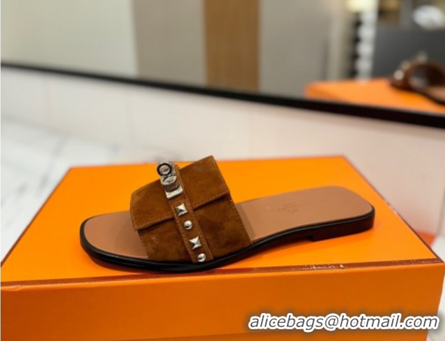 Low Price Hermes Giulia Flat Slides Sandal in Suede with Kelly Buckle and Studs Brown 0421025