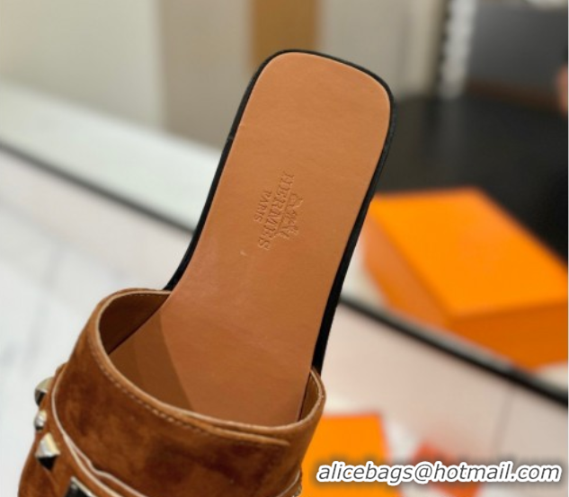 Low Price Hermes Giulia Flat Slides Sandal in Suede with Kelly Buckle and Studs Brown 0421025