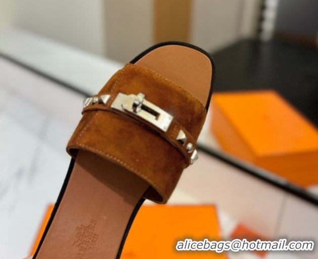 Low Price Hermes Giulia Flat Slides Sandal in Suede with Kelly Buckle and Studs Brown 0421025