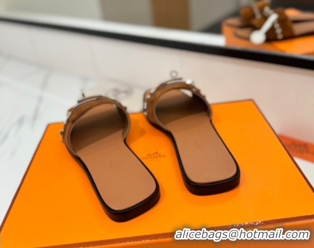 Low Price Hermes Giulia Flat Slides Sandal in Suede with Kelly Buckle and Studs Brown 0421025
