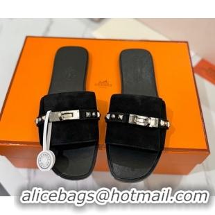 Purchase Hermes Giulia Flat Slides Sandal in Suede with Kelly Buckle and Studs Black 0421026