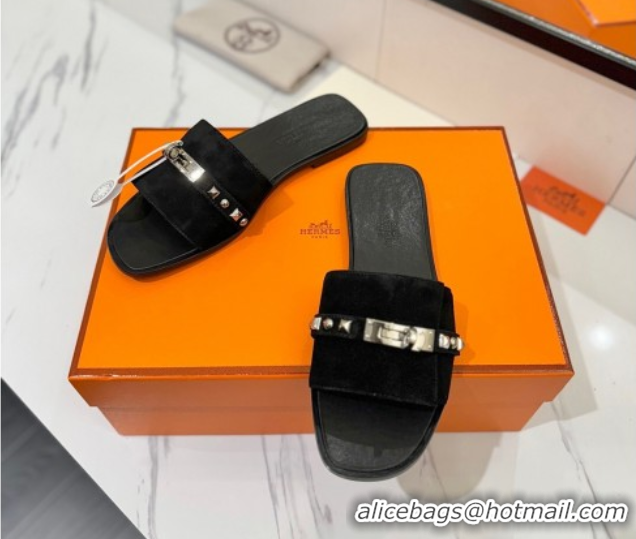 Purchase Hermes Giulia Flat Slides Sandal in Suede with Kelly Buckle and Studs Black 0421026