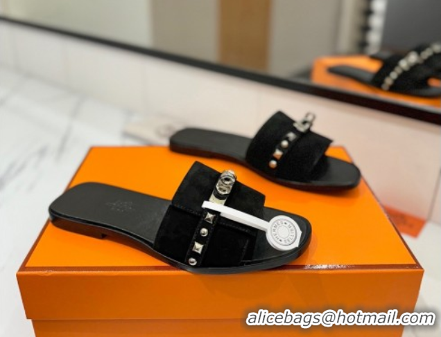 Purchase Hermes Giulia Flat Slides Sandal in Suede with Kelly Buckle and Studs Black 0421026