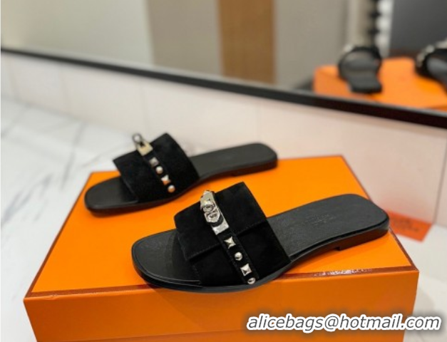 Purchase Hermes Giulia Flat Slides Sandal in Suede with Kelly Buckle and Studs Black 0421026