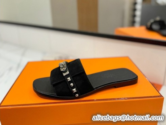 Purchase Hermes Giulia Flat Slides Sandal in Suede with Kelly Buckle and Studs Black 0421026