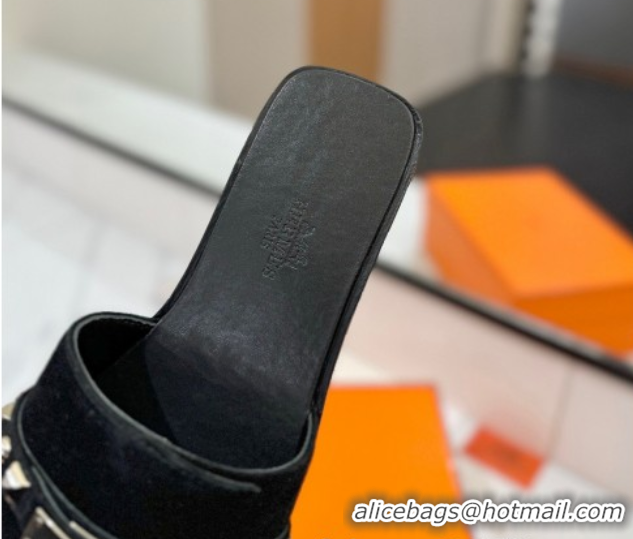 Purchase Hermes Giulia Flat Slides Sandal in Suede with Kelly Buckle and Studs Black 0421026