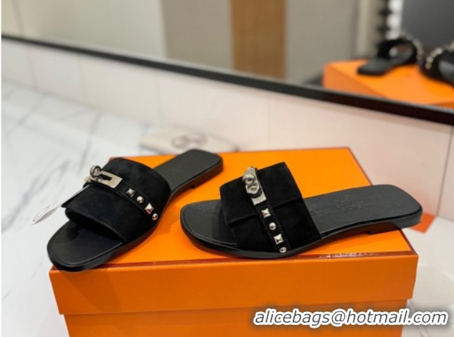 Purchase Hermes Giulia Flat Slides Sandal in Suede with Kelly Buckle and Studs Black 0421026