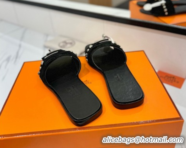 Purchase Hermes Giulia Flat Slides Sandal in Suede with Kelly Buckle and Studs Black 0421026